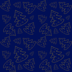 Seamless contour Pattern of a yellow Christmas tree on a blue background. Gift wrapping. Vector image on a white isolated background.