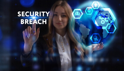 Business, Technology, Internet and network concept. Young businessman working on a virtual screen of the future and sees the inscription: Security breach