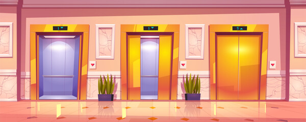 Luxury hallway interior with golden elevator doors, marble wall and plants. Vector cartoon illustration of empty office lobby, hotel hall or waiting area with gold lift © klyaksun