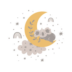 Cute baby koala sleeping on the moon. Boho moon, baby animal, cloud rainbow, stars. Nursery sweet dream card