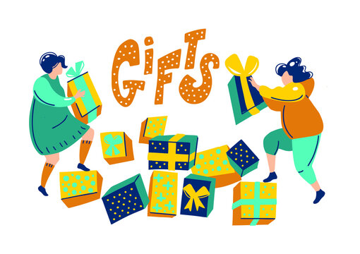 Time for gifts. People in winter clothes give gifts to their loved ones. friends exchange gifts. The parents gave the child a surprise. unpacking gifts at Christmas. Winter decoration in illustration
