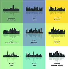 Fototapeta premium Set of 9 City (Johannesburg, Lima, Buenos Aires, Dubai, Manila, Mexico City, Shanghai, Shenzen, Singapore)