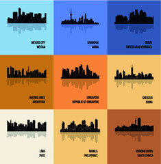 Fototapeta premium Set of 9 City (Johannesburg, Lima, Buenos Aires, Dubai, Manila, Mexico City, Shanghai, Shenzen, Singapore)