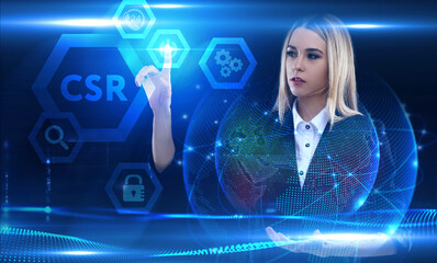 Business, Technology, Internet and network concept. Young businessman working on a virtual screen of the future and sees the inscription: CSR