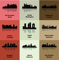 Bogota, Buenos Aires, Jakarta, Salvador, Melbourne, Bangkok, Seattle, Tripoli, Rio de Janeiro (Set of 9 city silhouette)