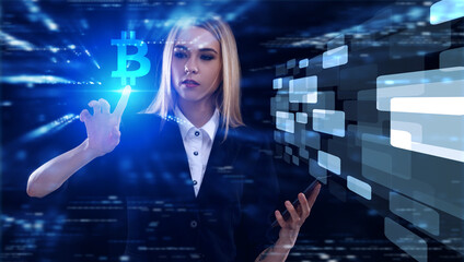 Business, Technology, Internet and network concept. Young businessman working on a virtual screen of the future and sees the inscription:
