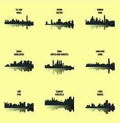 Fototapeta premium Dubaj, Lima, Tel Awiw, Caracas, Wiedeń, Lagos, Dhaka, Hongkong, Bombaj (zestaw 9 metropolii)