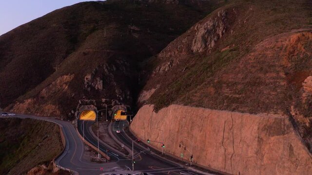 AERIAL:  drone, devils slide bunker at Montara, highway 1 tunnel