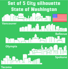 Set of 5 City in Washington (Olympia, Bellevue, Spokane, Tacoma, Vancouver)