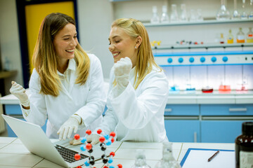 Obraz premium Female researchers in white lab coat using laptop while working in the laboratory