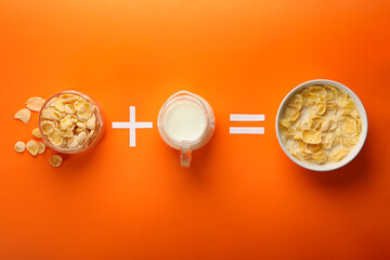 Concept of breakfast with muesli on orange background