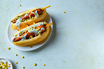 Hot dog with carrots on white plate. vegetarian fast food