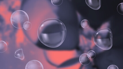 Soap bubbles in the air. Neon lighting. Blurred background. 3D rendering