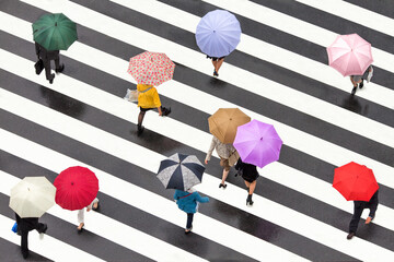 People with colorful umbrellas crossing a street in Shibuya, Tokyo, Japan
