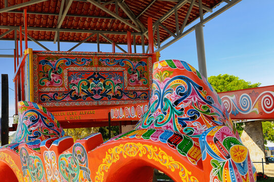 Bright colors of the worlds largest painted Oxcart in Sarchi Costa Rica