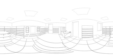spherical panorama of the interior, contour visualization, 3D illustration, sketch, outline