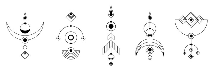 Set of four abstract geometric symbols. Sacred geometry sign with geometric shapes. Isolated on white background. Black linear shapes. Linear logo, spiritual design. Vector elements.