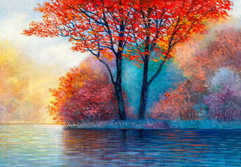 Autumn colorful forest on the lake. Beautiful maple of red color. Contemporary art. - obrazy, fototapety, plakaty