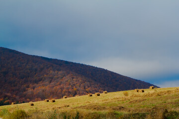 Bale siana na polu na tle górskiego jesiennego krajobrazu © WGBN