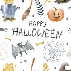 Obraz premium Watercolor pattern of elements for halloween party: ghost, pumpkin, hat, broom, cauldron, bat. Hand-drawn illustration isolated on the white background.