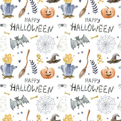Watercolor pattern of elements for halloween party: ghost, pumpkin, hat, broom, cauldron, bat. Hand-drawn illustration isolated on the white background.