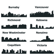 Set of 8 City silhouette in British Columbia, Canada ( Vancouver, Burnaby, Kelowna, Nanaimo, New Westminster, Richmond, Virginia, Coquitlam )