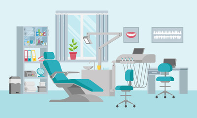 Concept of a dental unit with an adjustable chair, lamp, shelf, sink and window. Medical office in a flat style. Modern interior and equipment in the clinic. Posters on the walls. Vector illustration.