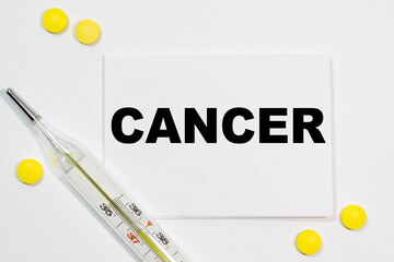 CANCER text written on a white business card next to yellow tablets and a thermometer. Medical concept.