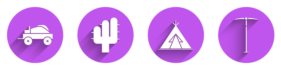 Set Wild west covered wagon, Cactus, Indian teepee or wigwam and Pickaxe icon with long shadow. Vector. © Vadim