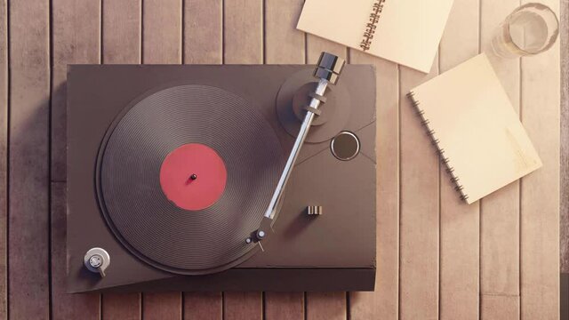 Old record player spinning music disk in sunny bright warn happy room.