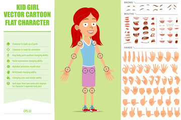 Cartoon flat funny redhead girl character in violet skirt. Ready for animations. Face expressions, eyes, brows, mouth and hands easy to edit. Isolated on green background. Vector set.