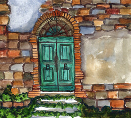 Hand drawn watercolor painting. Architectural element. Brown brick wall. Turquoise blue wooden door. Street or outdoors. Historical building. Green grass. Vintage house. For postcards and posters