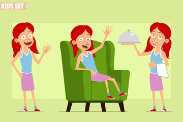 Cartoon flat funny little redhead girl character in violet skirt. Kid resting, holding waiter tray and showing okay sign. Ready for animation. Isolated on green background. Vector set.