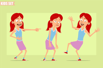 Cartoon flat funny little redhead girl character in violet skirt. Kid sad, tired, laughing, jumping and dancing. Ready for animation. Isolated on green background. Vector set.