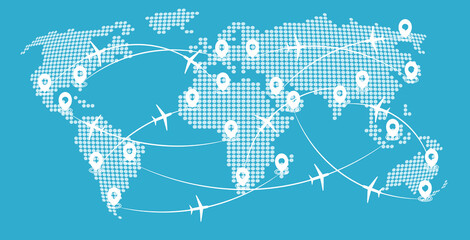 Airline routes on world map, flights scheme on dotted globe map