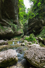 View of the waterfall in Caucasian mountains