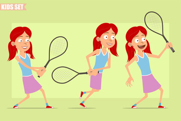 Cartoon flat funny little redhead girl character in violet skirt. Kid posing and running with tennis racket. Ready for animation. Isolated on green background. Vector set.