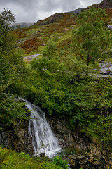 Beautiful fast waterfall in the green autumn forest