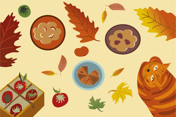 Autumn composition yellow red green leaves blueberry pie apple box ginger cat apple pie cozy atmosphere top view