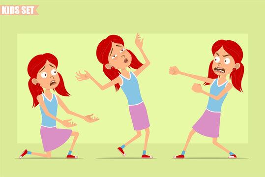 Cartoon Flat Funny Little Redhead Girl Character In Violet Skirt. Kid Fighting, Standing On Knee Falling Back Unconscious. Ready For Animation. Isolated On Green Background. Vector Set.