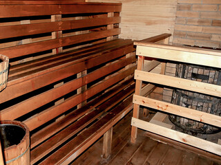 Interior of a small wooden sauna
