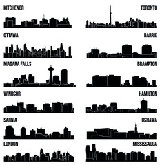 Set of 12 City Silhouette in Ontario, Canada ( Toronto, London, Barrie, Kitchener, Ottawa, Brampton, Windsor, Niagara Falls, Oshawa, Sarnia, Hamilton, Mississauga )