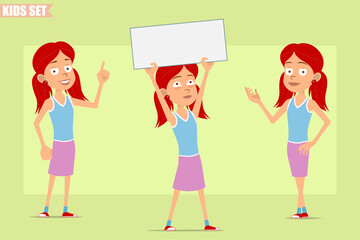 Cartoon flat funny little redhead girl character in violet skirt. Kid standing, thinking and holding blank white sign for text. Ready for animation. Isolated on green background. Vector set.