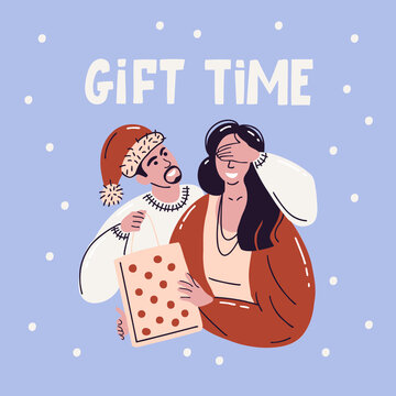 А Man Makes A Surprise To A Woman. Lovers Give Each Other Gifts. The Guy Hugs A Beautiful Girl. Buy Gifts For The Holiday. Vector Illustration In Scandinavian Style. 
Merry Christmas And Happy New Yea