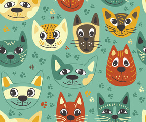 Seamless pattern with cats. Background for fabric, textile, wallpaper, posters, gift wrapping paper, napkins, tablecloths, pajamas. Print for kids, baby, children