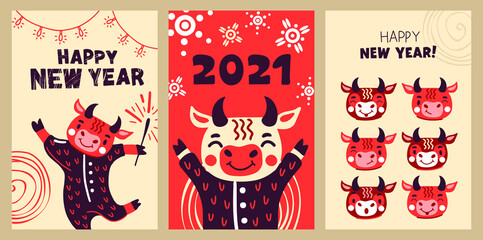 Set of greeting cards. Merry Christmas and Happy New Year! Chinese postcards with funny bulls. Vector illustration in traditional oriental colors. The year of the bull is 2021.
