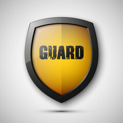 Protection guard shield concept. Safety badge icon. Privacy banner. Security label. Defense guard tag. Presentation guard sticker shape. Defense safeguard sign. illustration