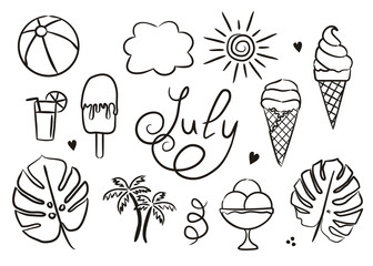 Set of hand drawn july elements isolated on white background. Summer icons in doodlo style. Ice cream, monstera leaves, palms, ball, lemonade, clouds, sun and the handwritten name July. Vector
