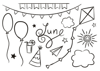 Set of hand drawn June elements isolated on white background. Summer icons in doodlo style. Air kite, balloons, clouds, sun, flags and the handwritten name June. Vector illustration