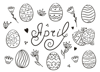 Obraz premium Set of hand drawn April elements isolated on white background. Easter icons in doodle style. Eggs, flowers, Easter decor and the handwritten title April. Vector illustration